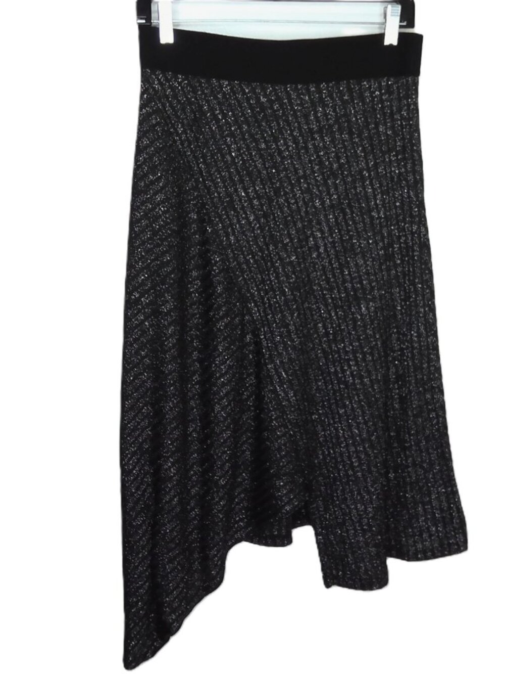 Calvin Klein Dressy Skirt Assymetrical Hem Black & Silver Metallic Stretch Sz S